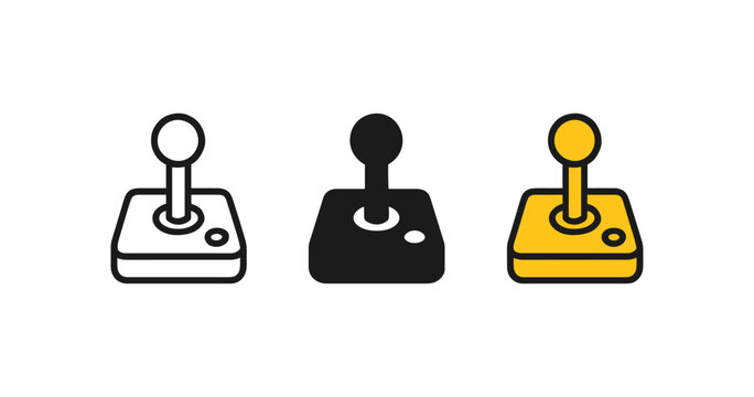 Retro joystick icons in minimalist style with three color variations