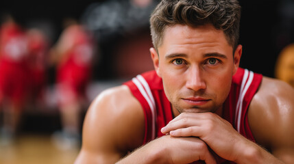 Focused basketball player resting on sideline, sweat and intense expression, sports psychology, determination, athlete, game moment, with copy space