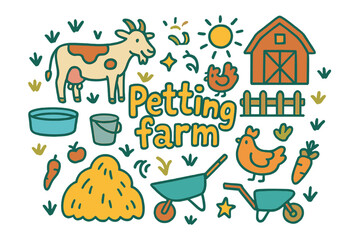 Whimsical Petting Farm Illustration. Petting farm. Hand-drawn doodle illustration of petting farm. Cow, goat,
