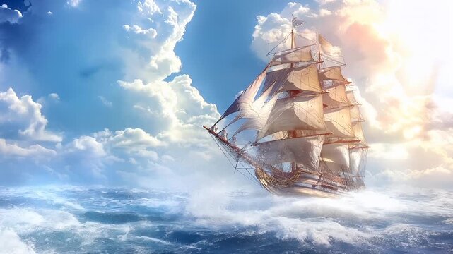 A vivid portrayal of a sailing ship in action against a backdrop of a dramatic sky. The ship is depicted with its sails billowing, suggesting movement and speed.