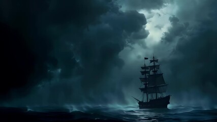 A dark, moody, atmospheric portrayal of a sailing ship in a stormy sea. The ship, with its three masts and three sails, stands tall against a backdrop of swirling, dark clouds.