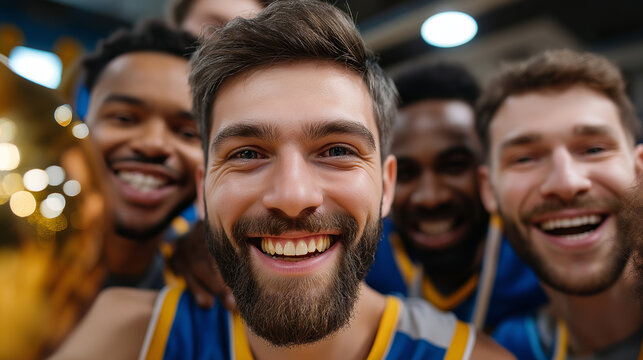 Group of basketball players posing and cheering after big win, trophy atmosphere, team portrait, sports victory, celebration, with copy space