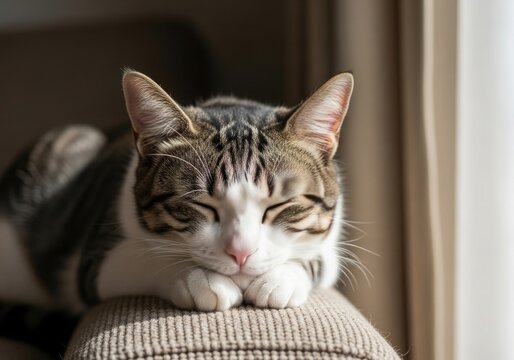 Closeup of a tabby and white cat sleeping peacefully with its eyes closed, resting its head on its paws in soft natural light