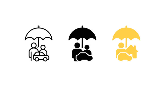 Umbrella icon set: protection for family, car, and home in minimalist style