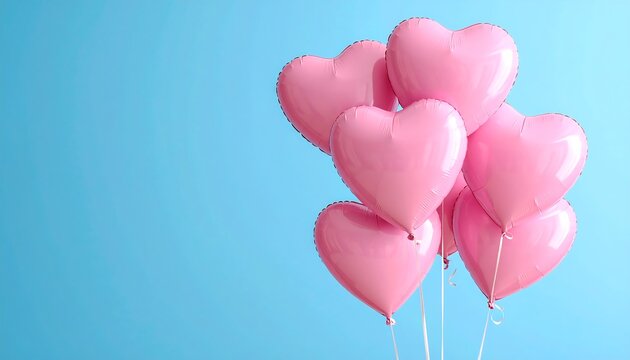 Bunch of pink heart-shaped balloons floating against a plain light blue background, angled to the right