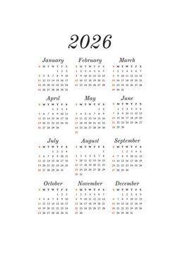 Minimalist 2026 Year Calendar - one page on a white background. Simple desktop calendar starting on Sunday.	