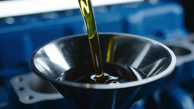 Pouring Fresh Golden Motor Oil into a Car Engine with a Funnel.