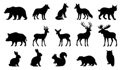 Forest animals silhouettes set. Flat illustrations of wild animals.