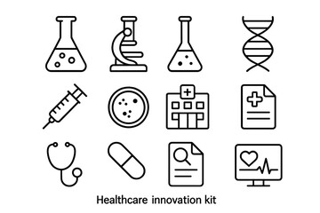 Healthcare Innovation Icons. Healthcare innovation kit. Line outline icon set of healthcare innovation kit: