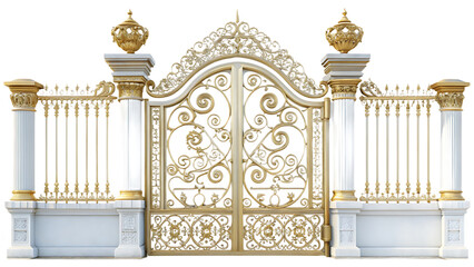 ornate gold and white metal gate with decorative isolated on white background, png, ai generated