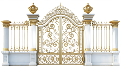 ornate gold and white metal gate with decorative isolated on white background, png, ai generated