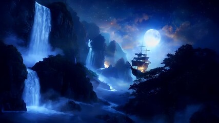 A vivid, fantasythemed digital artwork featuring a large, ornate sailing ship floating in the ocean under a full moon. The ship is illuminated by the moonlight, casting a warm. - Powered by Adobe