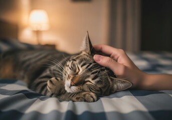A persons hand gently petting a sleeping tabby cat on a bed with a blue and white checkered blanket, creating a cozy and peaceful atmosphere