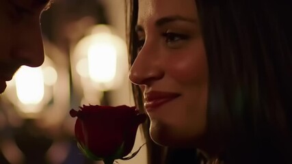 Woman smelling a red rose romantically.