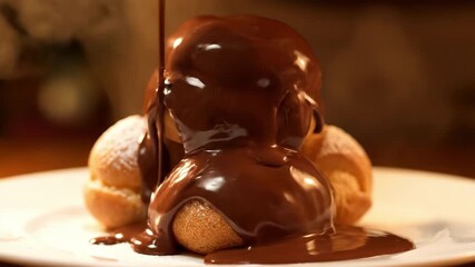 Pouring Melted Chocolate Sauce Over Delicious Profiteroles Dessert. - Powered by Adobe