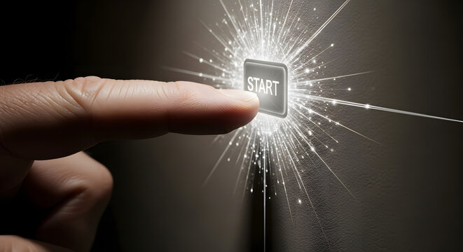 Finger Pressing Glowing START Button to Initiate New Project Success or Opportunity