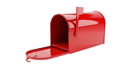 Bright red classic American-style metallic mailbox, door open, flag raised, isolated on transparent background, soft diffused studio light. Concept of communication and new possibilities