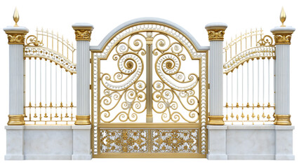 ornate gold and white metal gate with decorative isolated on white background, png, ai generated