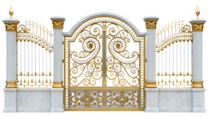 ornate gold and white metal gate with decorative isolated on white background, png, ai generated
