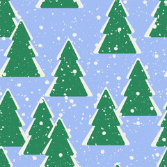 Winter seamless pattern with xmas trees and snow falling, perfomed in simple flat style, blue white and green colors. Can be used as wallpaper, gift paper, for fabrics.