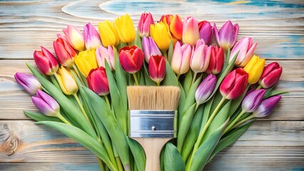 Photo of a vibrant bouquet of colorful tulips fanned out with a paintbrush in the center, set against a rustic wooden background, symbolizing spring