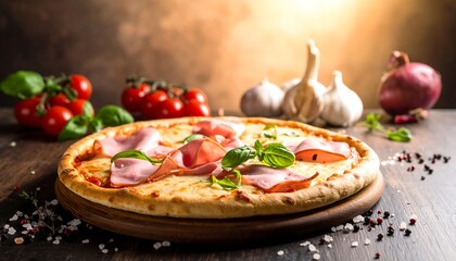 Delicious pizza with ham & basil, served on a wooden board with tomatoes, garlic, onion, & spices for a rustic look