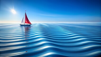 Photo of a lone sailboat with a red sail glides across a vast, calm ocean under a bright, sunny sky with gentle waves