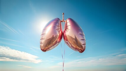Photo of a pair of metallic pink lungshaped balloons float against a bright blue sky with the sun shining, symbolizing breath and life