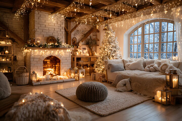Fototapeta premium warm cozy evening in Christmas room interior design,Xmas tree decorated by lights gifts,toys, deer,candles, lanterns, garland lighting indoors fireplace.holiday.magic New year