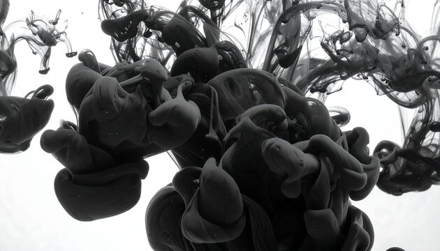 Dense black ink spreads like clouds, billowing in the water creating an abstract, organic, swirling pattern