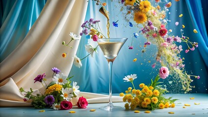 Photo of a martini glass filled with a golden liquid, with a stream pouring into it, surrounded by a cascade of colorful flowers and petals, creating a festive and elegant celebratory scene