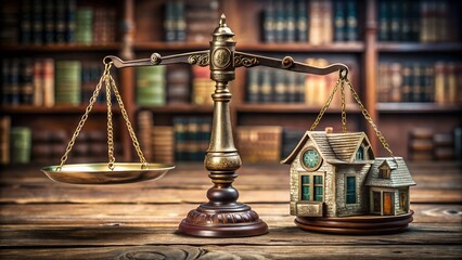 Photo of a vintage brass scale of justice sits on a wooden table, with a miniature house on one side and an empty pan on the other, symbolizing legal decisions