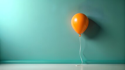 Photo of a single orange balloon floats against a teal wall, casting a shadow, with a bright light illuminating the scene from the left