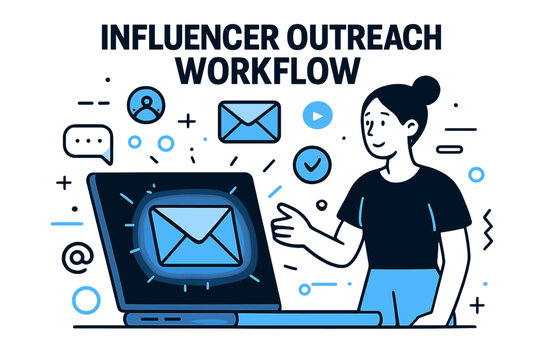 Influencer Outreach Workflow. Influencer Outreach Workflow. A laptop shows a glowing inbox with multiple