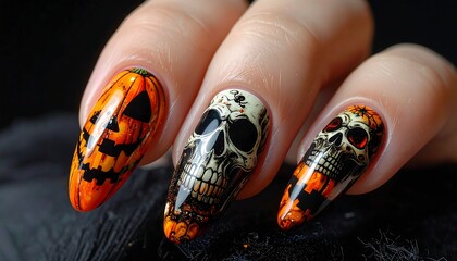 Close-up of a hand with decorated nails for Halloween, featuring skull and pumpkin motifs