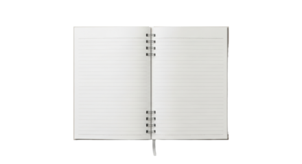 Open, blank notebook with lined, light beige pages and staple binding, perfectly flat on a seamless, clean, transparent background with ample copy space, concept of new ideas and untapped potential