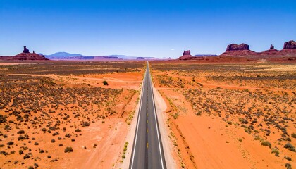 Desert highway stretching into the distance, flanked by red rock formations under a clear blue sky