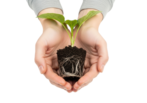 Young adult hands gently cupping a vibrant green seedling with delicate roots and dark moist soil, against a transparent studio background, concept of sustainable growth and environmental care