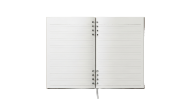 Open, blank notebook with lined, light beige pages and staple binding, perfectly flat on a seamless, clean, transparent background with ample copy space, concept of new ideas and untapped potential