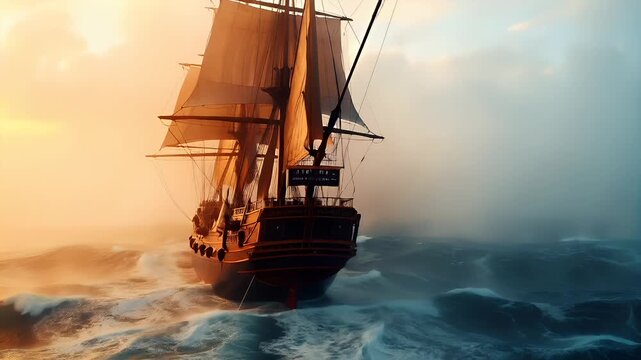 A vivid portrayal of a sailing ship in a tumultuous sea during sunset. The ship, with its tall masts and sails, is captured in a moment of stillness amidst the swirling waves.