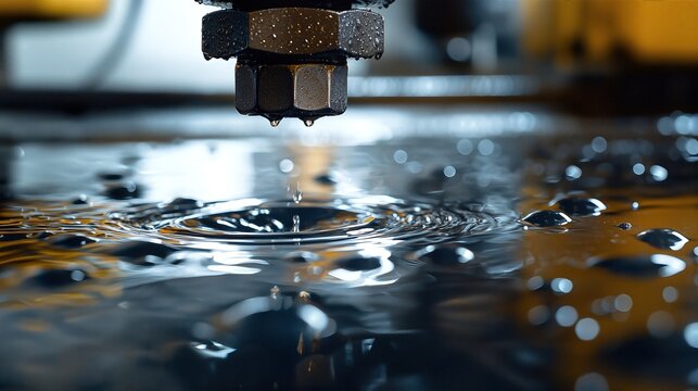 Water droplets create ripples on a surface under a precise industrial nozzle during a machining process
