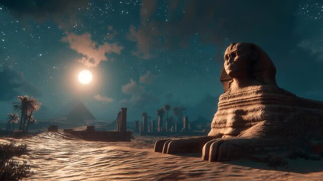 serene nocturnal landscape with secrets, enigmatic sphinx rests beneath shimmering starry sky and waves