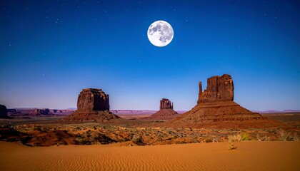 Desert landscape with three sandstone buttes under a full moon at night with a clear blue sky, small stars