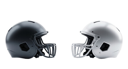 Fototapeta premium Two sleek, modern sports helmets, dark matte and silver, angled on a transparent studio background with copy space, sharp focus, high-key product photo, concept of strategic challenge