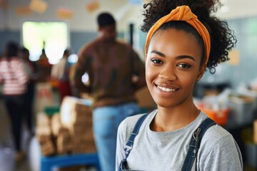Young woman smiling in community center with volunteers