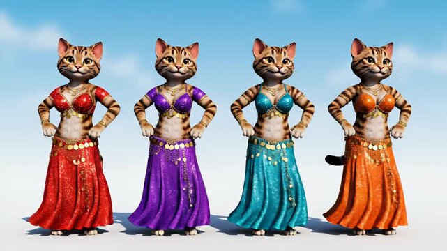 Cat Dancing Troupe Four Feline Belly Dancers in Colorful Costumes. suitable for entertainment, children's books, and musical events. Illustrations, animals, music, and fun.