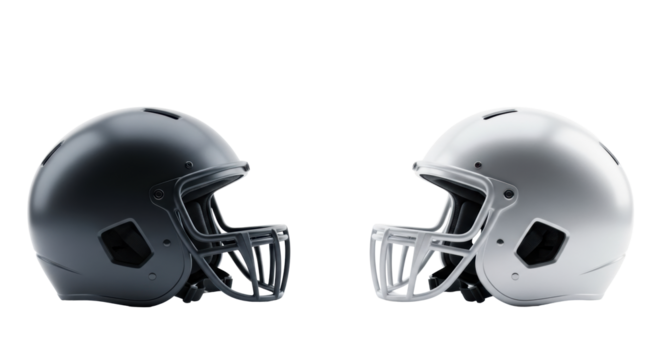 Two sleek, modern sports helmets, dark matte and silver, angled on a transparent studio background with copy space, sharp focus, high-key product photo, concept of strategic challenge