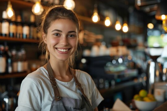 Young woman smiling at coffee shop