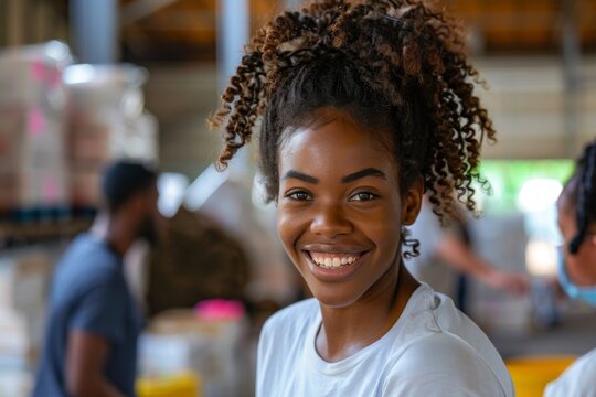 Young woman smiling in a warehouse environment