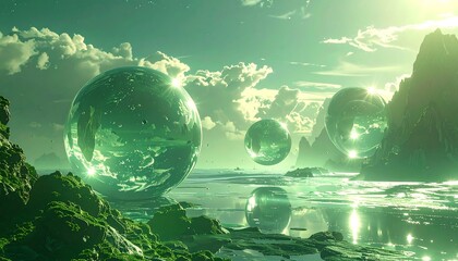 Ethereal landscape with green-tinted water, lush islands, mountains, floating spheres, and dramatic sky